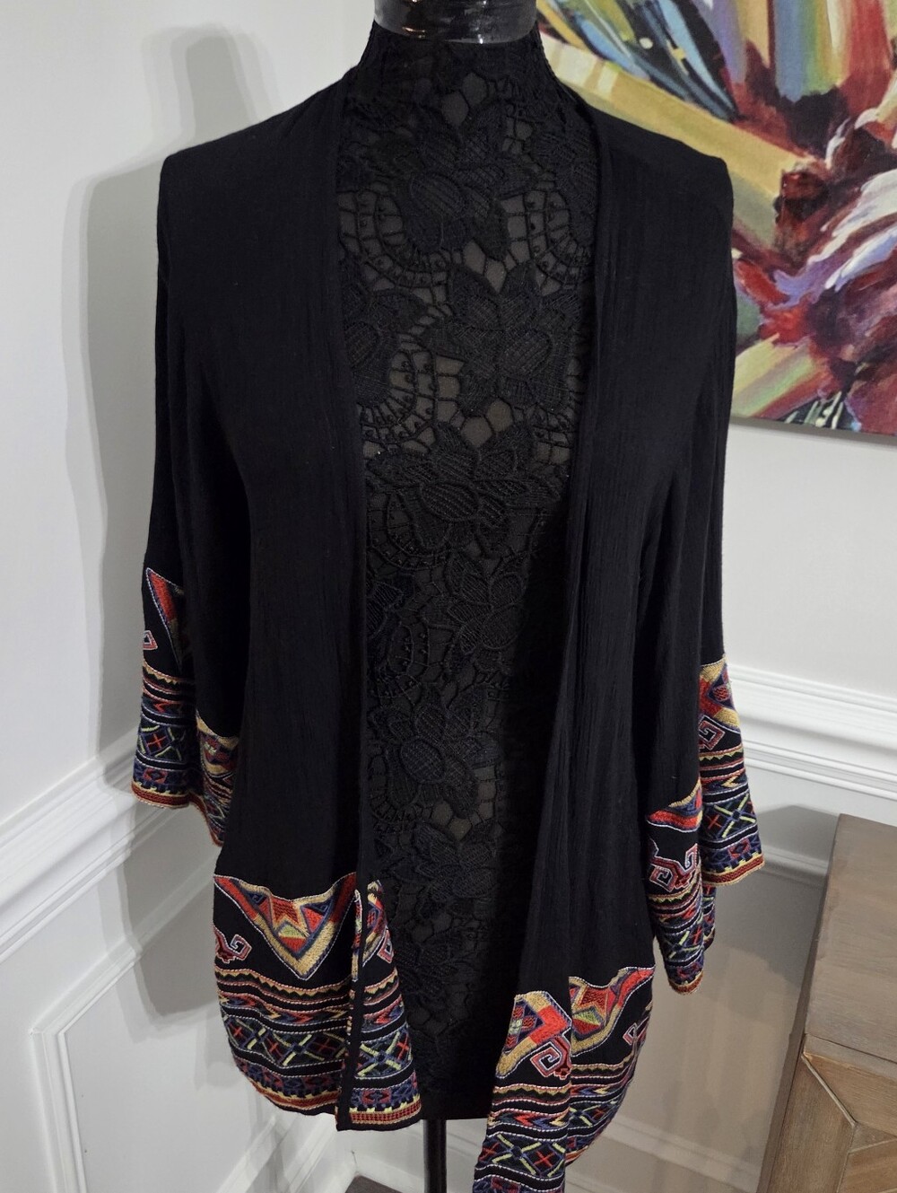 HAZEL By Anthropologie Embroidered Open Front Cardigan Boho Draped Black Sz Med